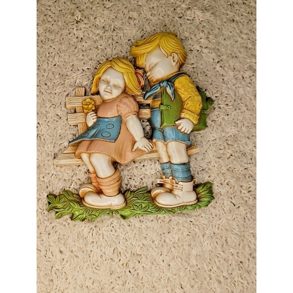 Antique Homco Wall Decor Two Kids Sitting On Bench Love Cute couple VTG Decor - Picture 1 of 8